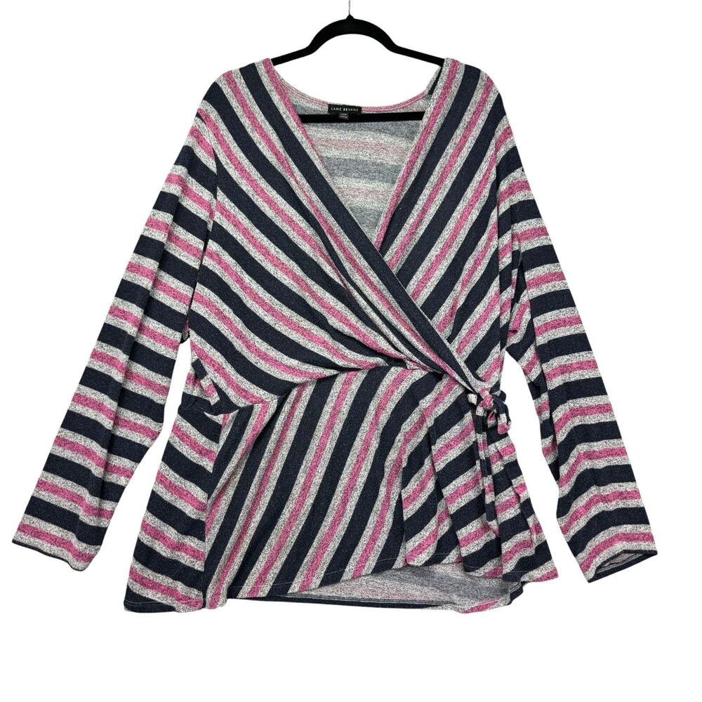 Lane Bryant Top Womens 26/28 Pink Black Long Sleeve Striped Faux Wrap Knit Comfy